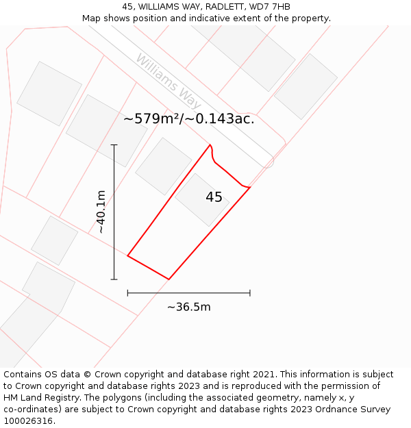 45, WILLIAMS WAY, RADLETT, WD7 7HB: Plot and title map