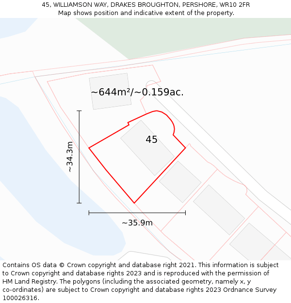 45, WILLIAMSON WAY, DRAKES BROUGHTON, PERSHORE, WR10 2FR: Plot and title map