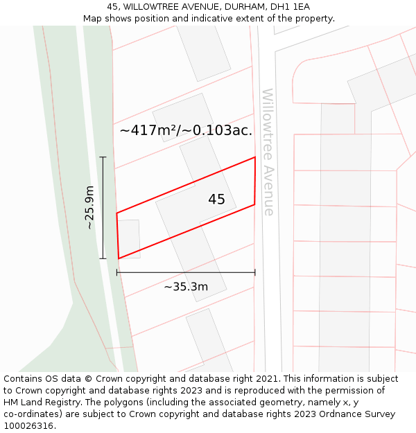 45, WILLOWTREE AVENUE, DURHAM, DH1 1EA: Plot and title map