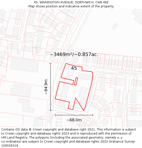 45, WINNINGTON AVENUE, NORTHWICH, CW8 4EE: Plot and title map