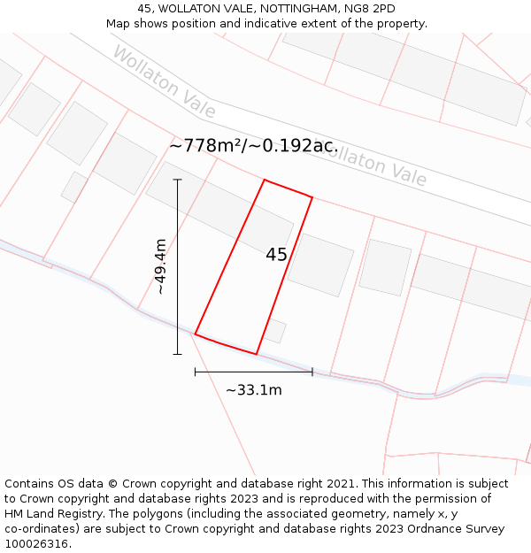 45, WOLLATON VALE, NOTTINGHAM, NG8 2PD: Plot and title map