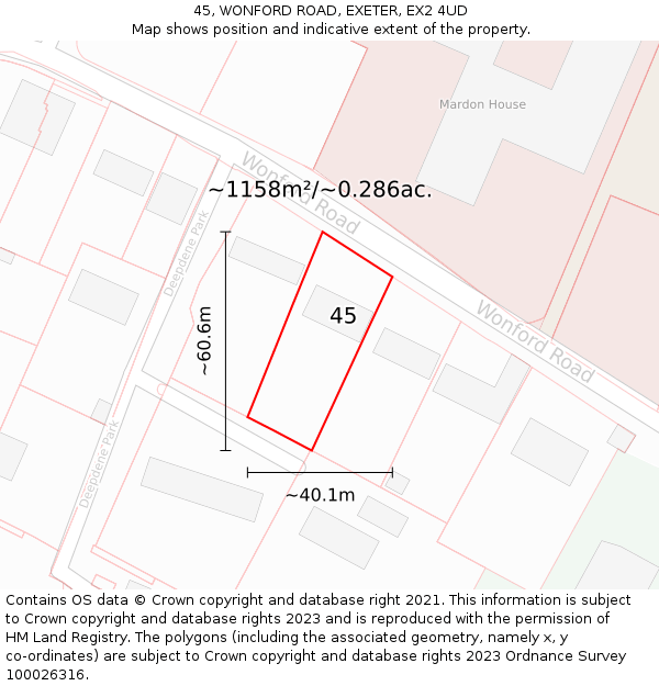 45, WONFORD ROAD, EXETER, EX2 4UD: Plot and title map
