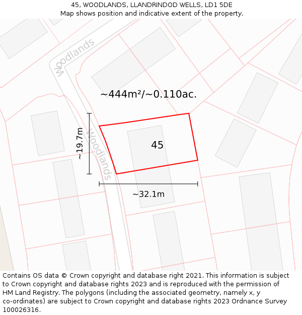 45, WOODLANDS, LLANDRINDOD WELLS, LD1 5DE: Plot and title map