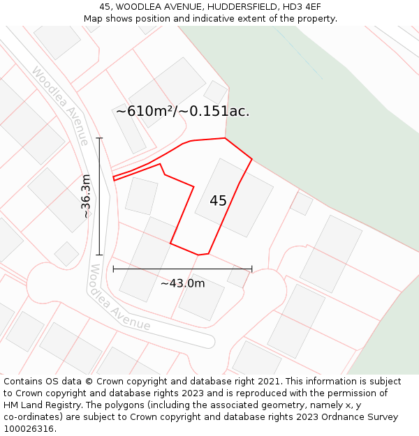 45, WOODLEA AVENUE, HUDDERSFIELD, HD3 4EF: Plot and title map