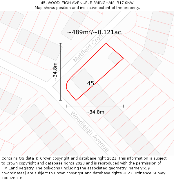 45, WOODLEIGH AVENUE, BIRMINGHAM, B17 0NW: Plot and title map