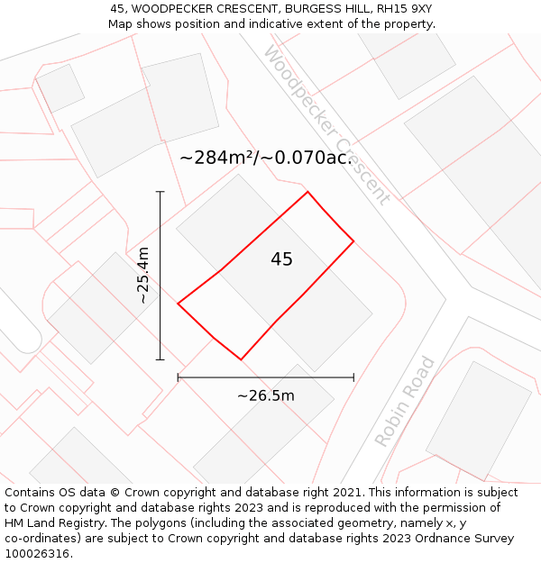 45, WOODPECKER CRESCENT, BURGESS HILL, RH15 9XY: Plot and title map