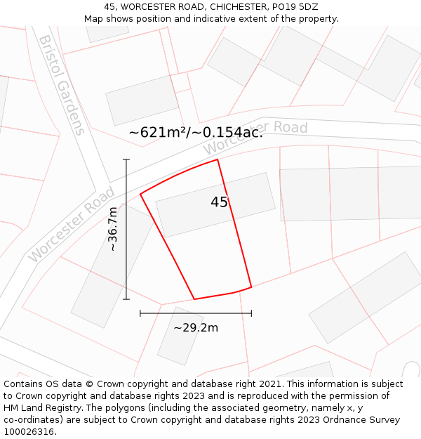 45, WORCESTER ROAD, CHICHESTER, PO19 5DZ: Plot and title map