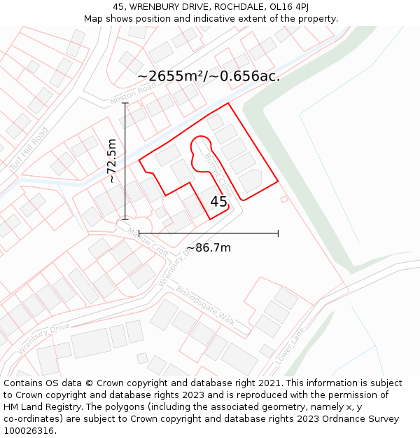 45, WRENBURY DRIVE, ROCHDALE, OL16 4PJ: Plot and title map