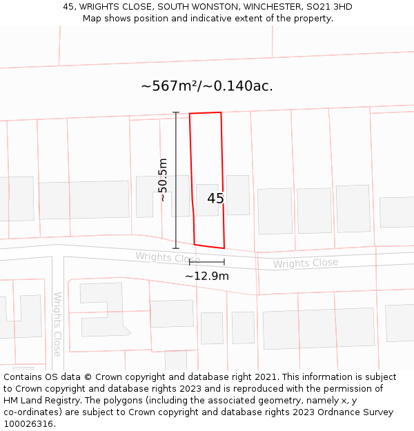 45, WRIGHTS CLOSE, SOUTH WONSTON, WINCHESTER, SO21 3HD: Plot and title map