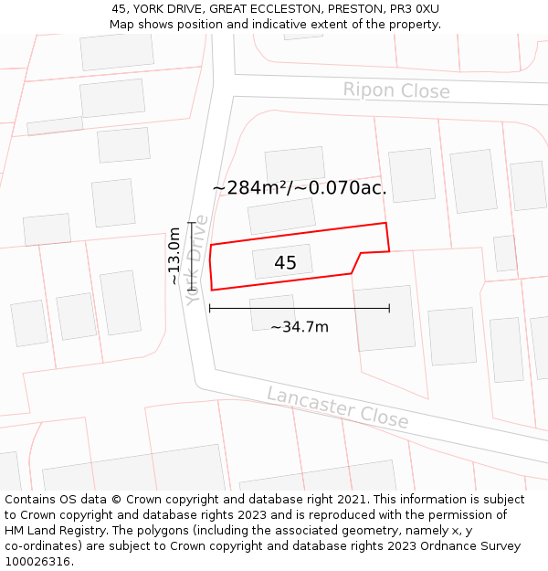 45, YORK DRIVE, GREAT ECCLESTON, PRESTON, PR3 0XU: Plot and title map