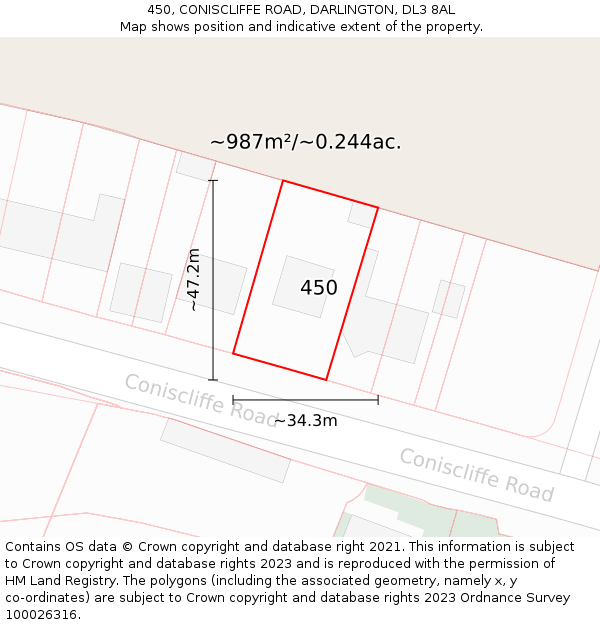 450, CONISCLIFFE ROAD, DARLINGTON, DL3 8AL: Plot and title map