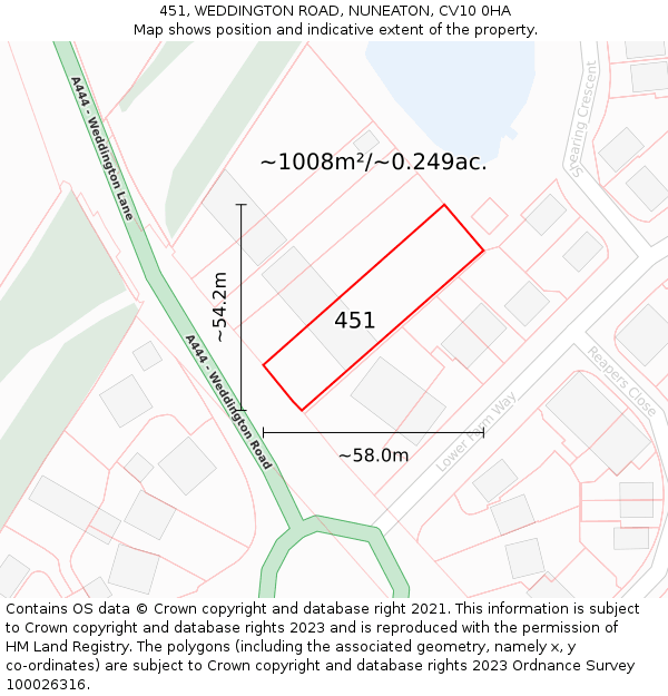 451, WEDDINGTON ROAD, NUNEATON, CV10 0HA: Plot and title map