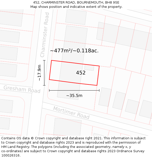 452, CHARMINSTER ROAD, BOURNEMOUTH, BH8 9SE: Plot and title map