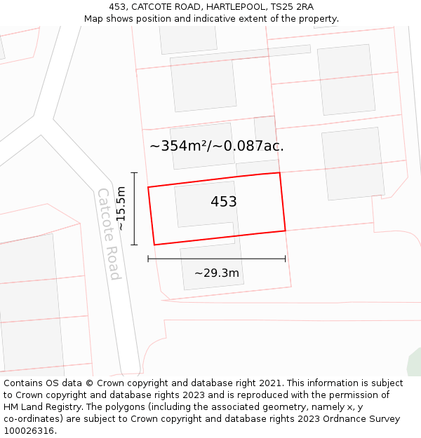 453, CATCOTE ROAD, HARTLEPOOL, TS25 2RA: Plot and title map