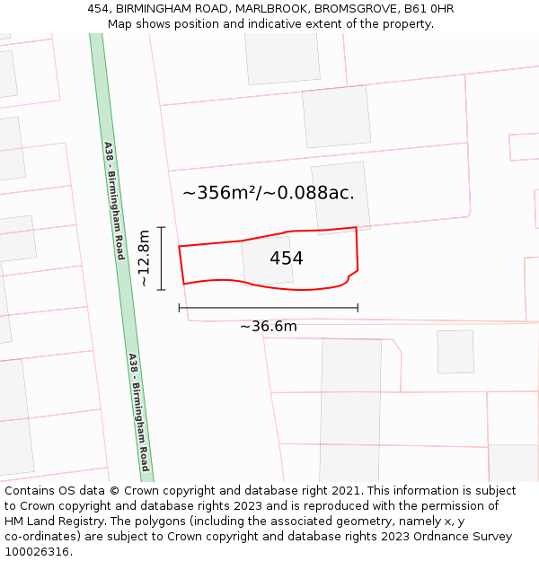 454, BIRMINGHAM ROAD, MARLBROOK, BROMSGROVE, B61 0HR: Plot and title map