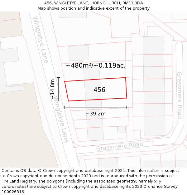 456, WINGLETYE LANE, HORNCHURCH, RM11 3DA: Plot and title map