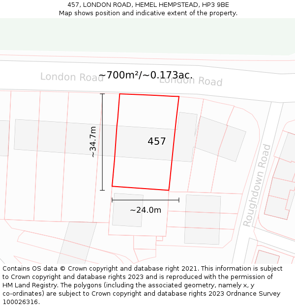 457, LONDON ROAD, HEMEL HEMPSTEAD, HP3 9BE: Plot and title map