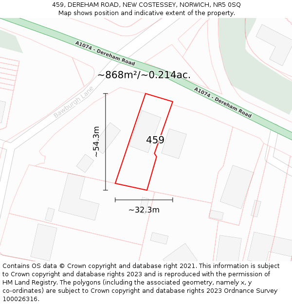 459, DEREHAM ROAD, NEW COSTESSEY, NORWICH, NR5 0SQ: Plot and title map