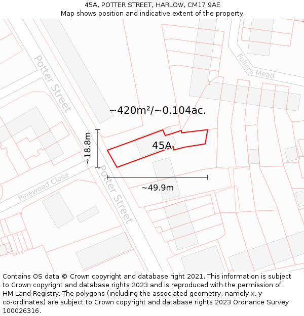 45A, POTTER STREET, HARLOW, CM17 9AE: Plot and title map