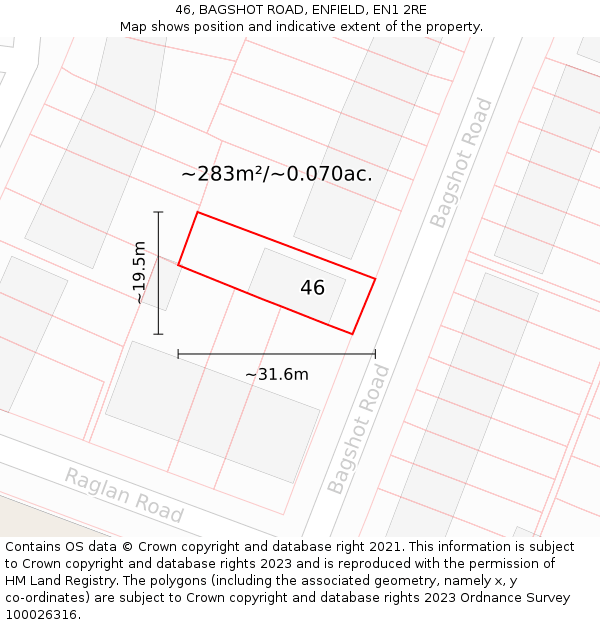 46, BAGSHOT ROAD, ENFIELD, EN1 2RE: Plot and title map