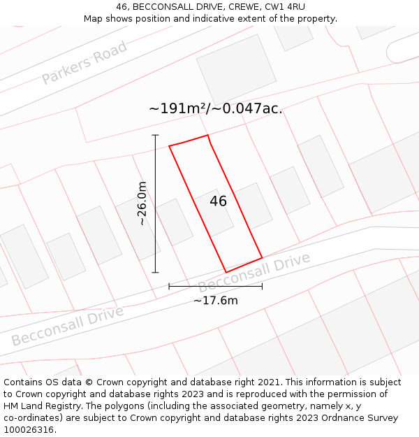 46, BECCONSALL DRIVE, CREWE, CW1 4RU: Plot and title map