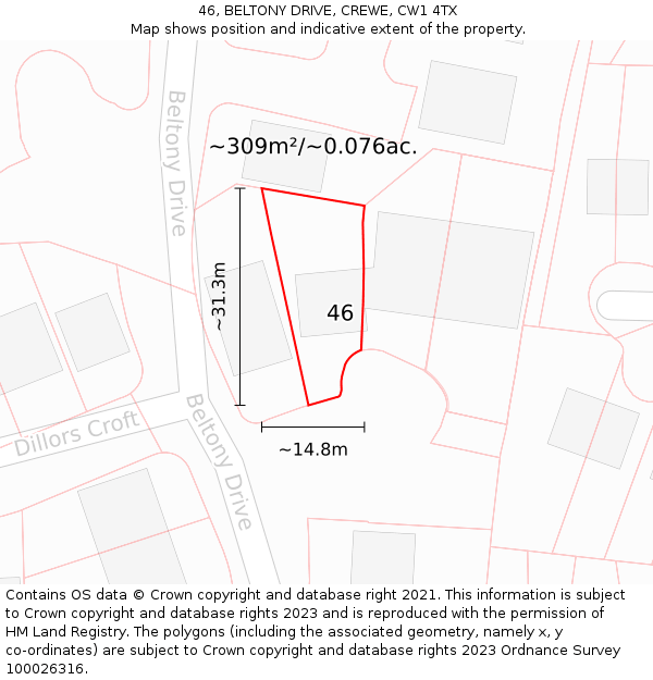 46, BELTONY DRIVE, CREWE, CW1 4TX: Plot and title map