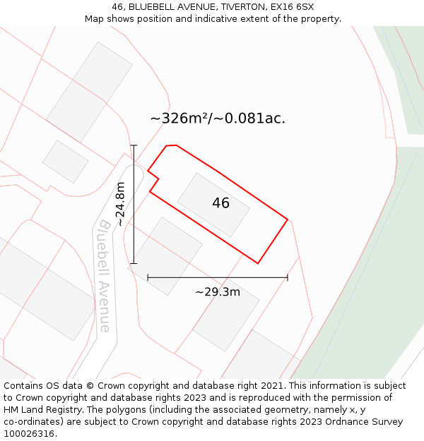 46, BLUEBELL AVENUE, TIVERTON, EX16 6SX: Plot and title map