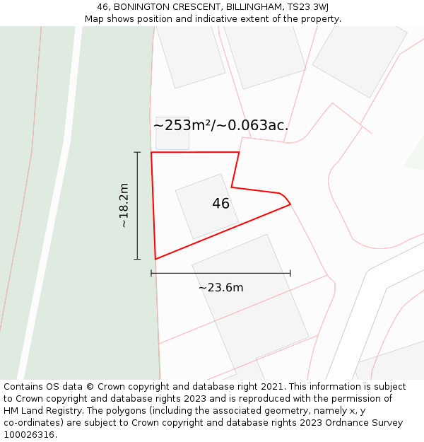 46, BONINGTON CRESCENT, BILLINGHAM, TS23 3WJ: Plot and title map