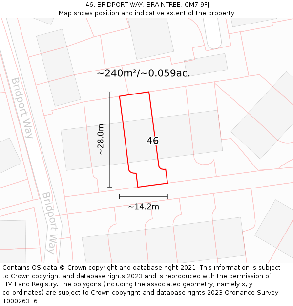 46, BRIDPORT WAY, BRAINTREE, CM7 9FJ: Plot and title map