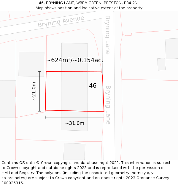 46, BRYNING LANE, WREA GREEN, PRESTON, PR4 2NL: Plot and title map