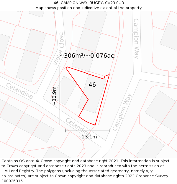 46, CAMPION WAY, RUGBY, CV23 0UR: Plot and title map