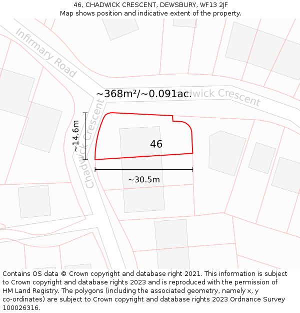 46, CHADWICK CRESCENT, DEWSBURY, WF13 2JF: Plot and title map