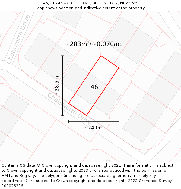 46, CHATSWORTH DRIVE, BEDLINGTON, NE22 5YS: Plot and title map