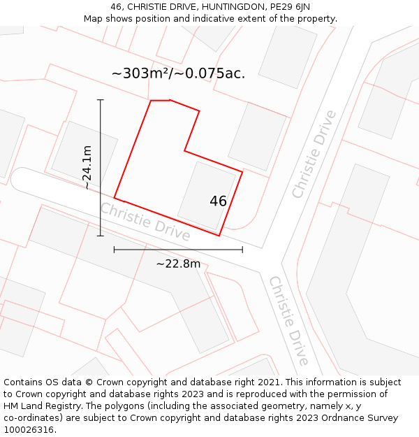 46, CHRISTIE DRIVE, HUNTINGDON, PE29 6JN: Plot and title map