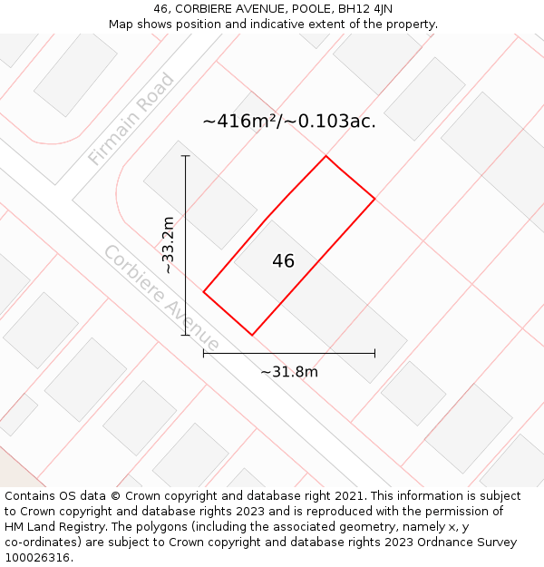 46, CORBIERE AVENUE, POOLE, BH12 4JN: Plot and title map