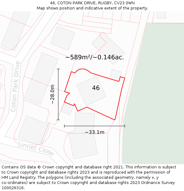 46, COTON PARK DRIVE, RUGBY, CV23 0WN: Plot and title map