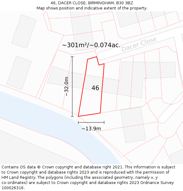 46, DACER CLOSE, BIRMINGHAM, B30 3BZ: Plot and title map