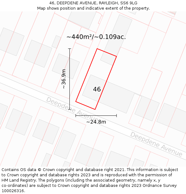 46, DEEPDENE AVENUE, RAYLEIGH, SS6 9LG: Plot and title map