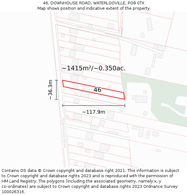 46, DOWNHOUSE ROAD, WATERLOOVILLE, PO8 0TX: Plot and title map