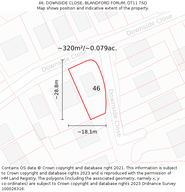 46, DOWNSIDE CLOSE, BLANDFORD FORUM, DT11 7SD: Plot and title map