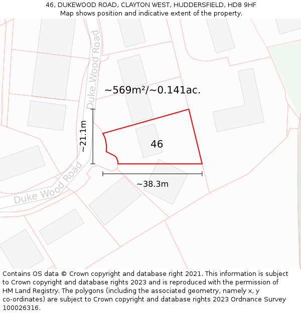 46, DUKEWOOD ROAD, CLAYTON WEST, HUDDERSFIELD, HD8 9HF: Plot and title map