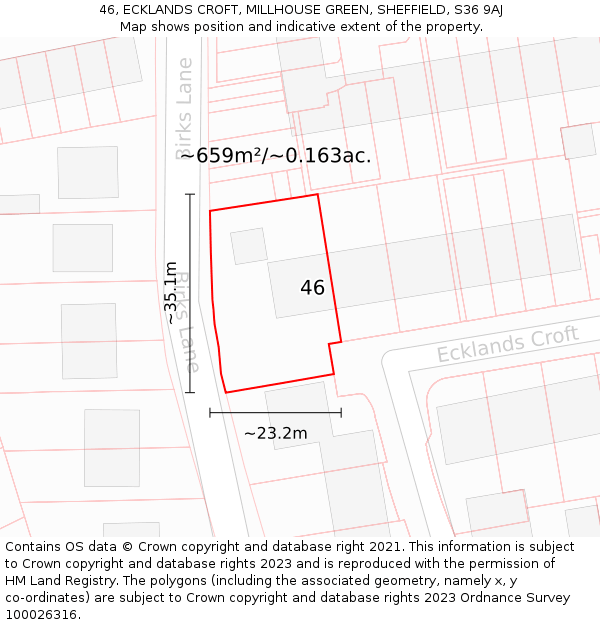 46, ECKLANDS CROFT, MILLHOUSE GREEN, SHEFFIELD, S36 9AJ: Plot and title map