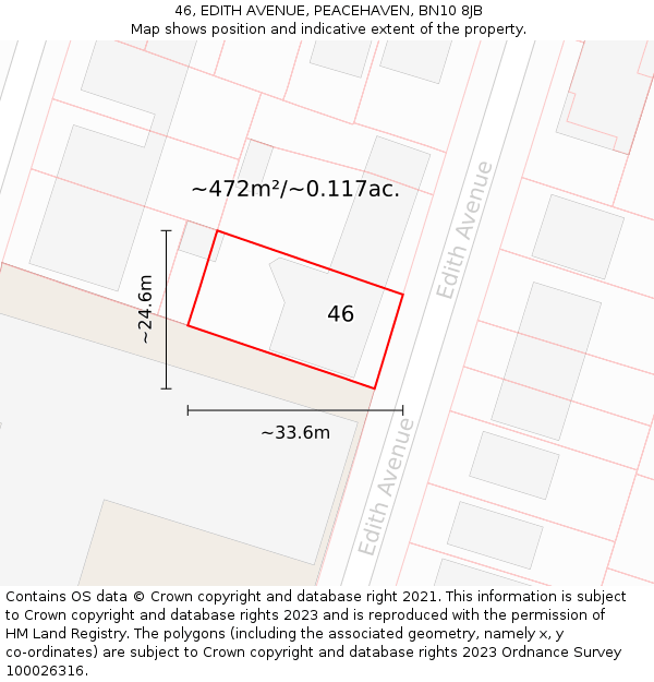 46, EDITH AVENUE, PEACEHAVEN, BN10 8JB: Plot and title map