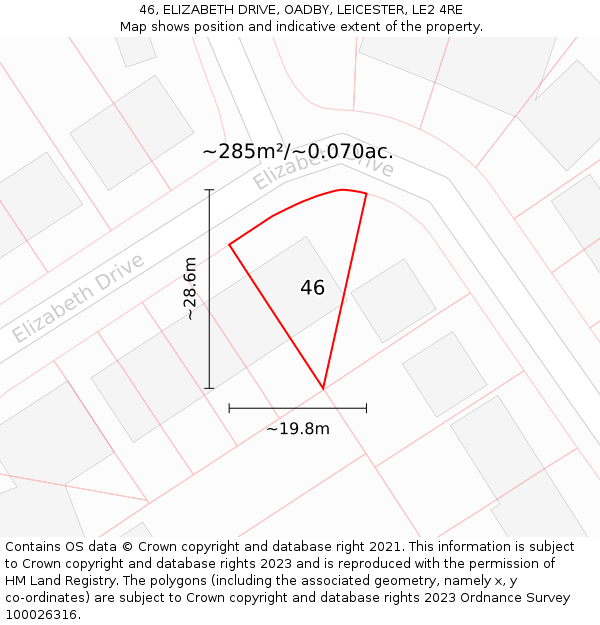 46, ELIZABETH DRIVE, OADBY, LEICESTER, LE2 4RE: Plot and title map