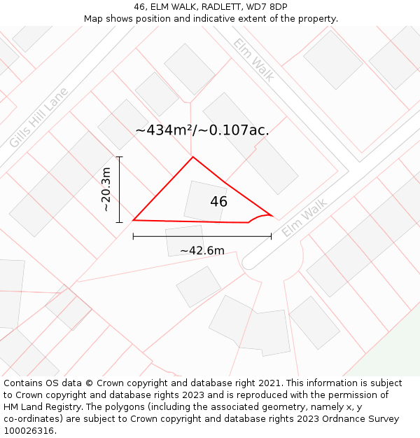 46, ELM WALK, RADLETT, WD7 8DP: Plot and title map