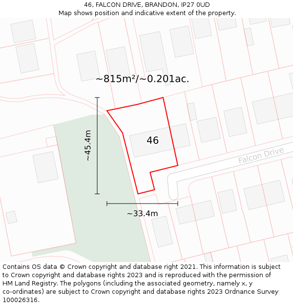 46, FALCON DRIVE, BRANDON, IP27 0UD: Plot and title map