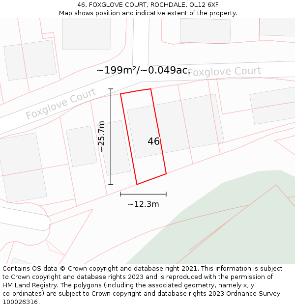 46, FOXGLOVE COURT, ROCHDALE, OL12 6XF: Plot and title map