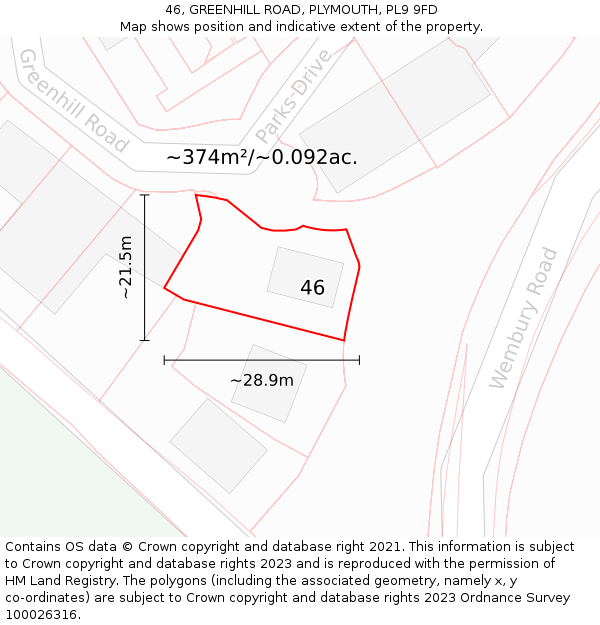 46, GREENHILL ROAD, PLYMOUTH, PL9 9FD: Plot and title map