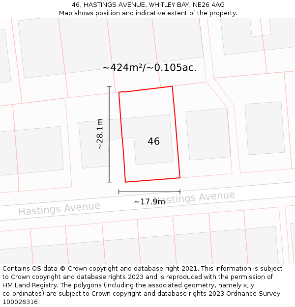 46, HASTINGS AVENUE, WHITLEY BAY, NE26 4AG: Plot and title map