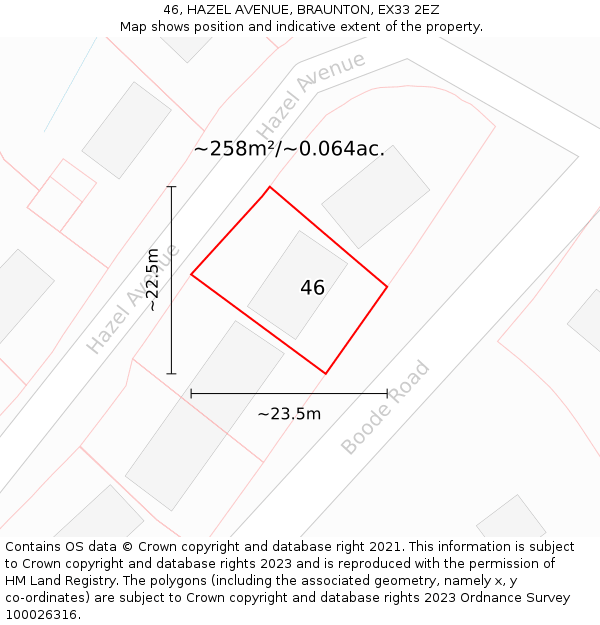 46, HAZEL AVENUE, BRAUNTON, EX33 2EZ: Plot and title map